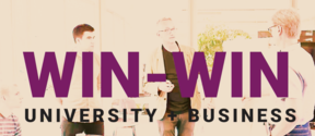 People standing overlaid with text "win-win, university + business"