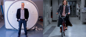 Two images in a diptych showing the professors. On the left, Koen Van Leemput is standing in front of an MRI machine, hands in pockets, smiling at the viewer. On the right, Tiina Nypelö is riding a bike down a corridor towards the viewer.