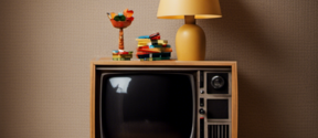 AI generate picture of an old wooden analog TV, with lamp and random decorations on top