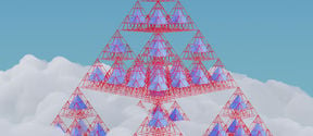Kuvituskuvassa suuren valkoisen pilven keskeltä nousee kevytrakenteinen pyramidi, joka koostuu toistensa sisällä olevista pienistä sinisistä pyramideista. Kuvitus: Iikkamatti Hauru.