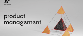 Product management logo, with text and a tetrehedron