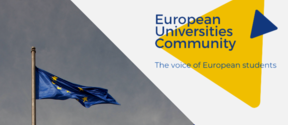 An EU flag with the text European Universities Community, the voice of European students. 
