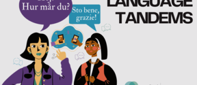 Image of two students speaking to each other in different languages. Text Language tandems and Unite! logo. 