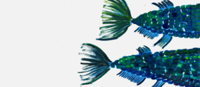 Two blue-greenish painted fish tails swimming to the right off the page