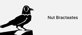 A black and white drawing of a bird on the left, on the right text saying Nut Bracteates