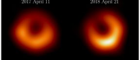 Two images of the black hole M87. A bright orange ring surrounding the black hole.