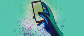 Illustration of a hand holding a smartphone with a data visualisation of a social bubble behind it. 