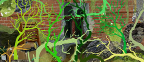 Red brick building in the background, drawn green plant like shapes covering the image