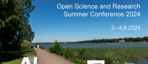 Otaniemi seafront pictured in the summer with the Aalto logo and event title, and VTT and Open Science logos overlayed.