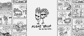Two cool algae comic characters with sunglasses in the middle and a collection of comic panels on each side