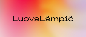 Warm pastel colors of red to yellow as a background, black text in the middle saying LuovaLämpiö