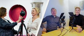 Taija Votkin näyttää miten 360 kameraa käytetään ja Tomi Kauppinen ja Jutta Tavaila äänittävät podcast-jaksoa.