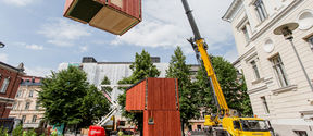 The visitors to the Flow Festival can explore the modular Kokoon house. Photo: Juho Haavisto.