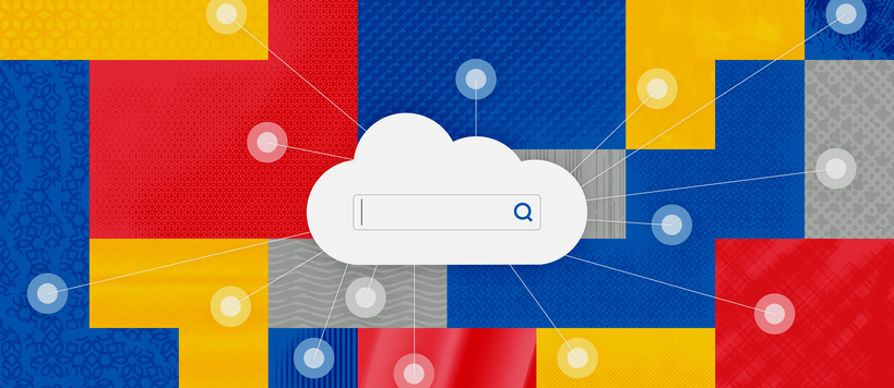 An illustration showing a cloud with a search bar connected to different materials, representing the concepts to the Materials search engine
