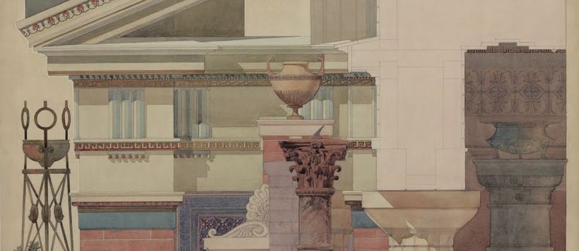 Kuvassa on Otto Meurmanin tekemä mittauspiirustus ”Antiikin tyylimuotoja” vuodelta 1911. Piirroskuvassa on koristeellisia yksityiskohtia rakennusten seinistä ja pylväistä. 