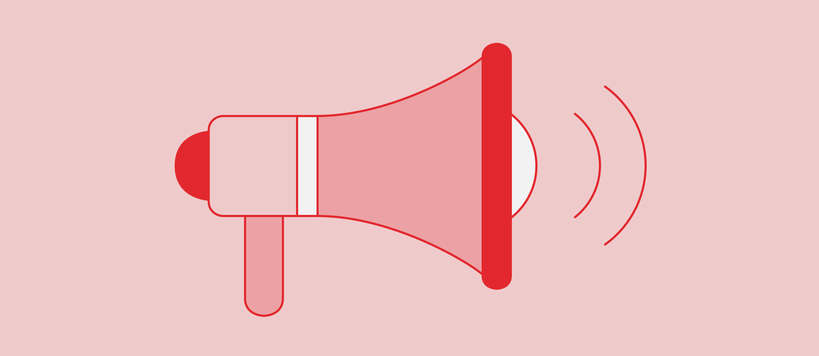 Bluch rectangle with an illustration of a pink megaphone