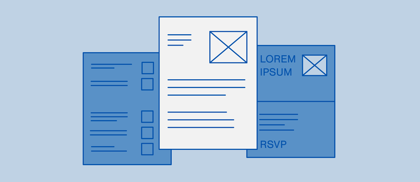 Light blue rectangle from left to right, blue paper with check boxes, white paper with picture box and text lines, blue paper reading lorem ipsum, text lines and rsvp