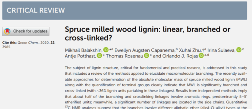 Image show the title page with abstract of the publication Spruce milled wood lignin: linear, branched or cross-linked?