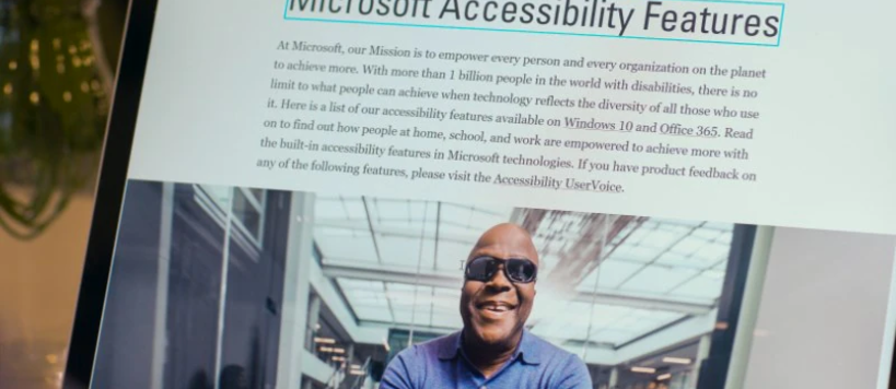 A laptop screen with an article titled Microsoft accessibility features