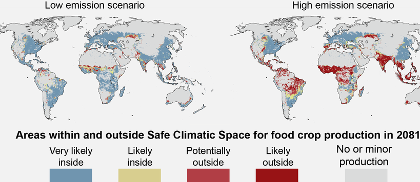 Areas within and outside Safe Climate Space for food crop production in 2081-2100