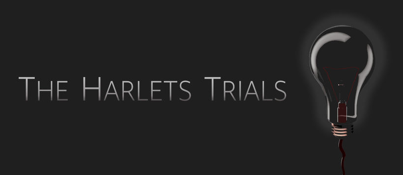 text, name of the project: The Harlets Trials and a light-bulb with dark background