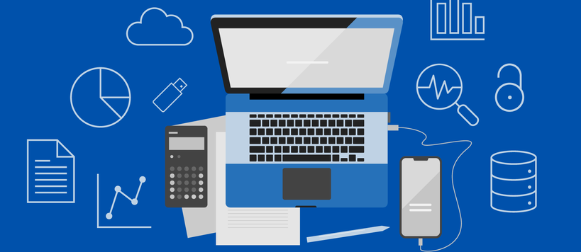 Illustration of a laptop, calculator, smartphone, documents and data symbols.