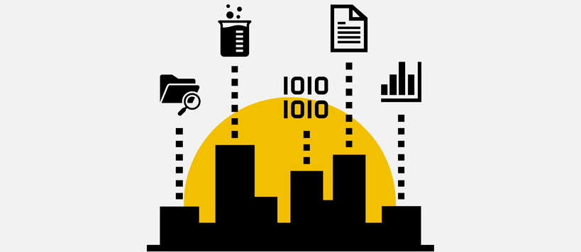 City silhouette illustration with data symbols.
