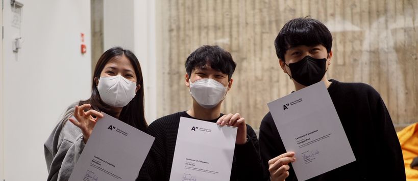 Students from UNIST university (from the left) Sola Moon, Jinsu Son and  Yeongjun Park successfully completed the course Digital Business, Advanced Technologies and Innovation at Aalto University.