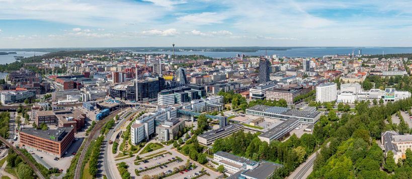 Aerial picture of Tampere and the city centre campus of Tampere University.