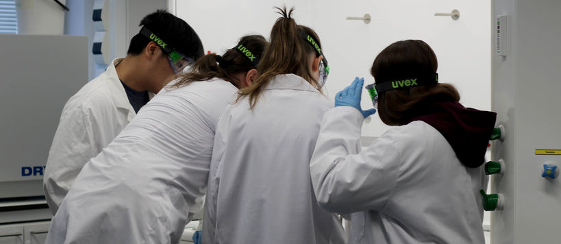 Neljä nuorta tekevät kemian töitä vetokaapissa