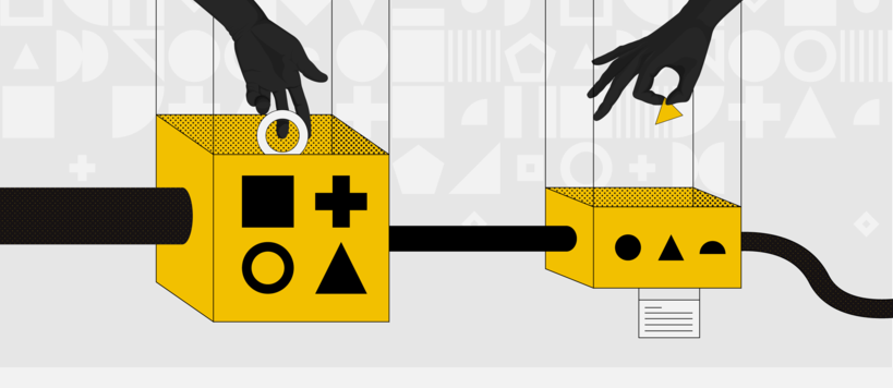 Illustration of hands dropping shapes into interconnected boxes with different shape labels