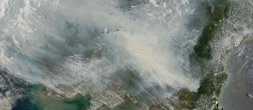 A satellite image of Borneo and part of Malaysia covered by plumes of smoke from fires. The many fires are marked on the map as red dots.
