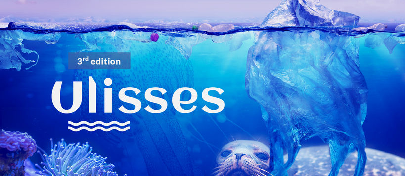 Image of ocean with a seal, corals and a plastic bag. Logo of ULisses. 