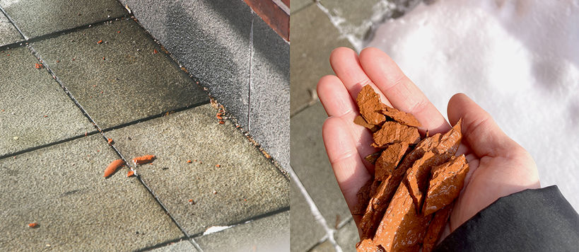 One picture separated into two sections. The section on the left shows orange fragments broken off a brick wall. The section on the right shows those fragments being held on the author's hand.