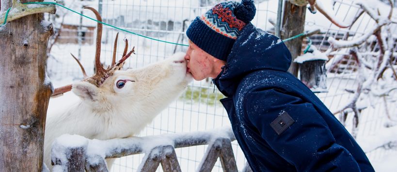 The photo shows a man and a reindeer greeting each other in a wintry environment.