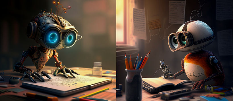 An Image created with MidJourney_artificial_intelligence_in_online_learning_supports_ learning two robots in pixar style are reading.