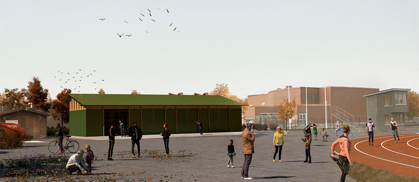Havainnekuva voittajaehdotuksesta uudeksi konseptiksi Helsingin kaupungin liikuntapaikkojen ulkovarastoille. Lippa-ehdotuksessa hyödynnetään uudelleenkäytettyä betonia, puuta ja metallia niin julkisivuverhouksessa kuin runko-osissakin.
