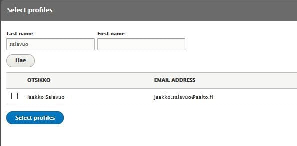 Screenshot showing how to find certain people's profiles at aalto.fi