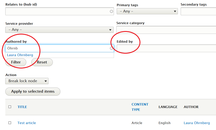 Screen shot illustrating how find content authors and editors in Drupal.