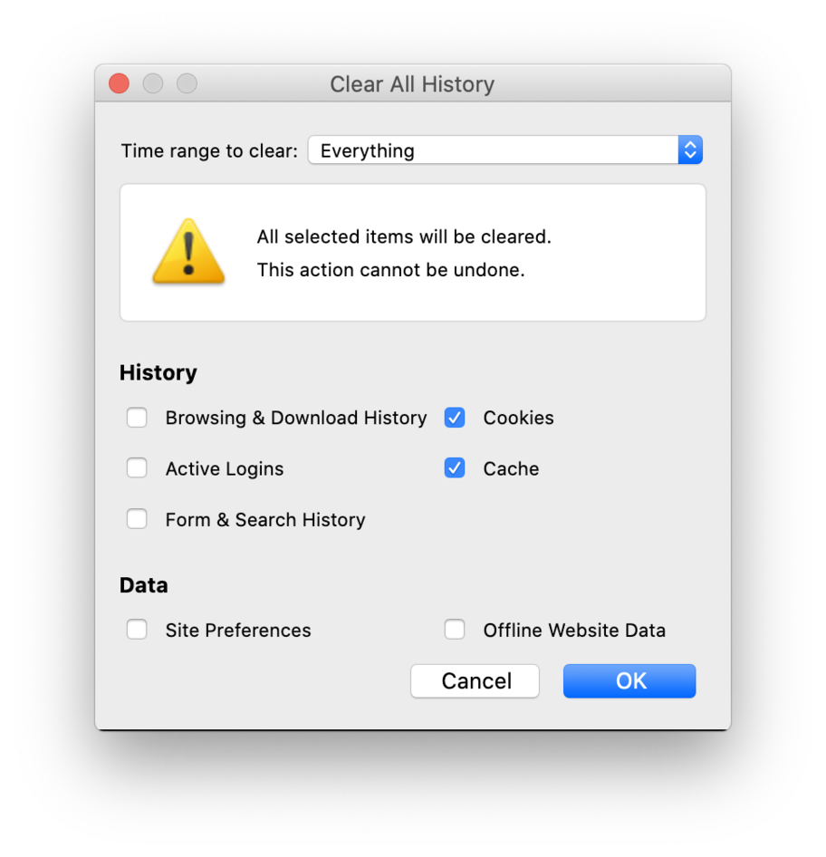 Firefox Mac Select Time range everything and Cookies and Cache