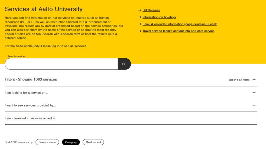 Screenshot of the Services hub.