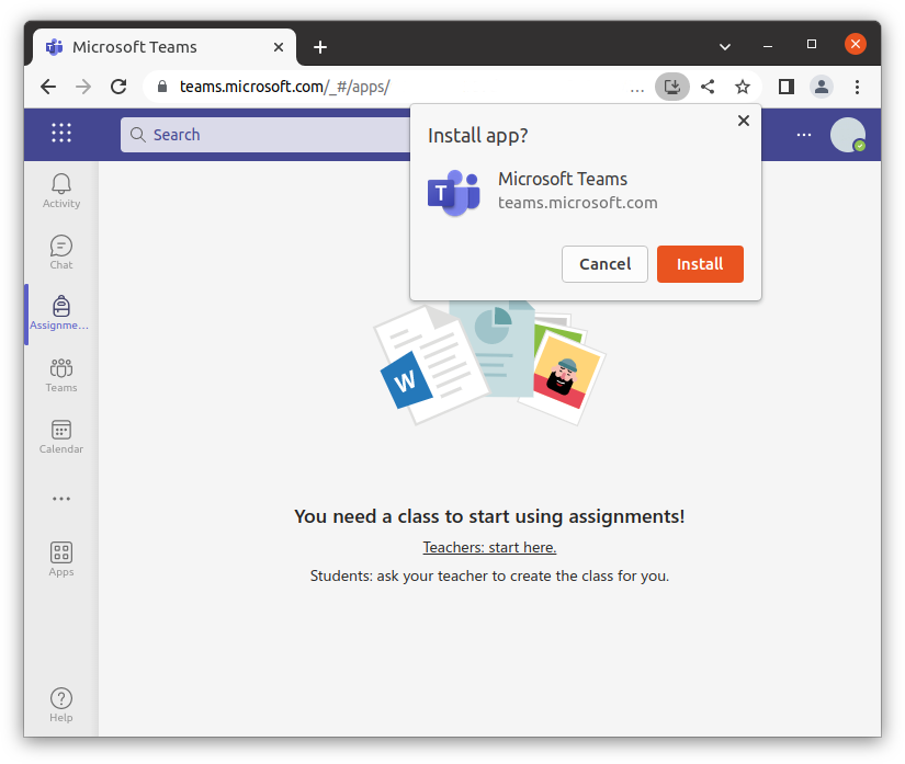 Installing Microsoft Teams Progressive Web App (PWA) for Chrome browser