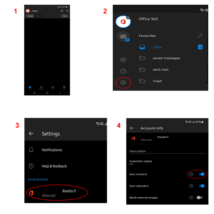 Four screenshots for the steps mentioned in the instructions for Android phones