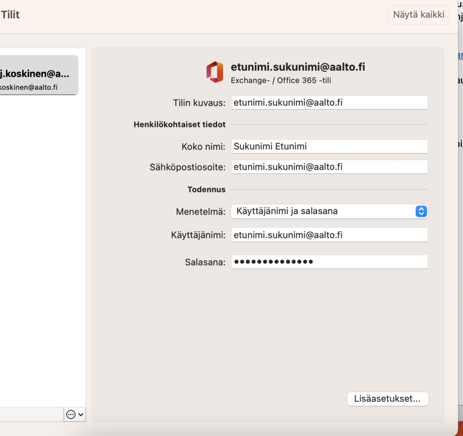 Resurssipostilaatikko OutlookMac Tilin asetukset