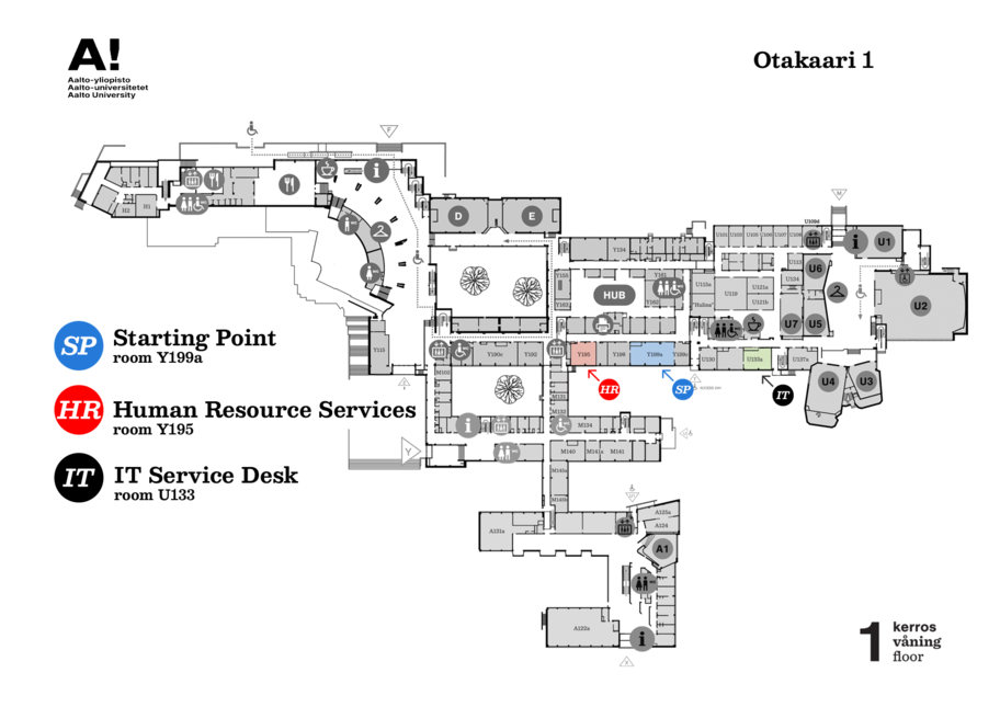 Map of Otakaari 1 showing where to find Starting Point (room Y199a), Human Resource Services (room Y195) and IT Service Desk (room U133)