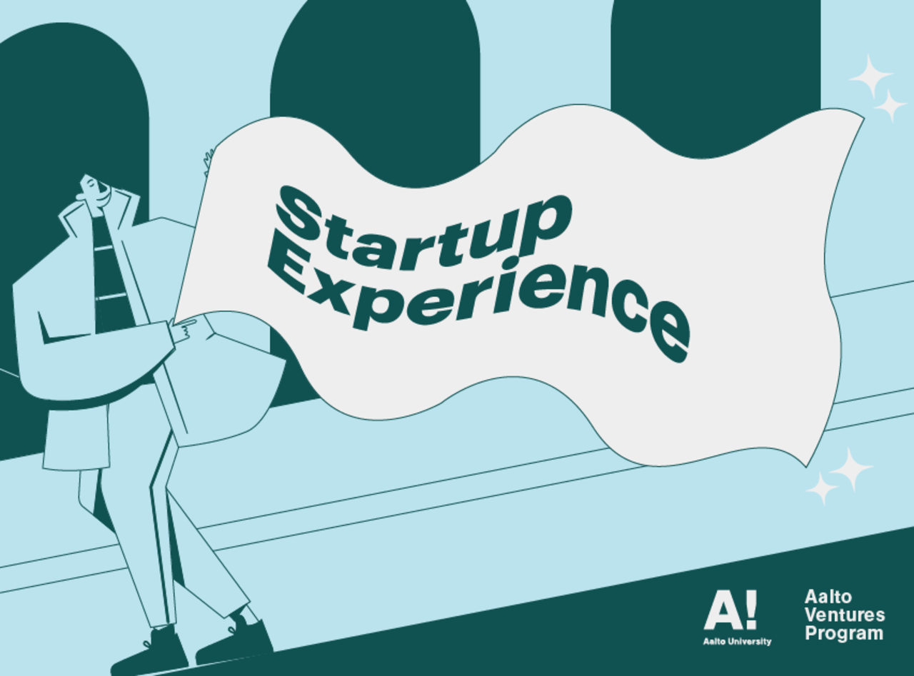 A blue-toned illustration of a character holding a flag that reads "Startup Experience"