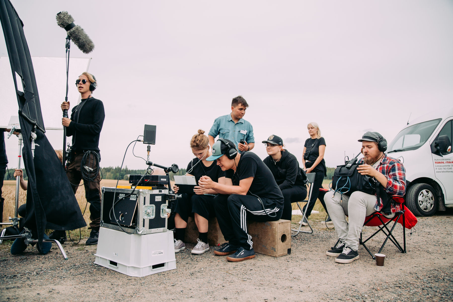 film production team sitting on set