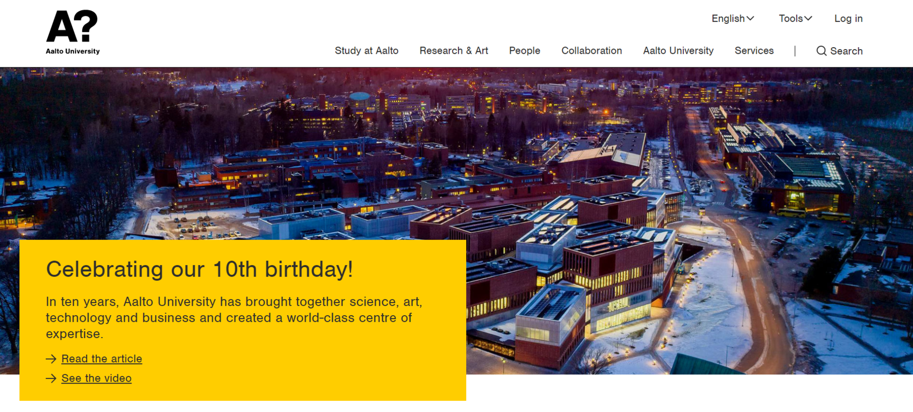 Screenshot of the aalto.fi front page with the text "Celebrating our 10th birthday"