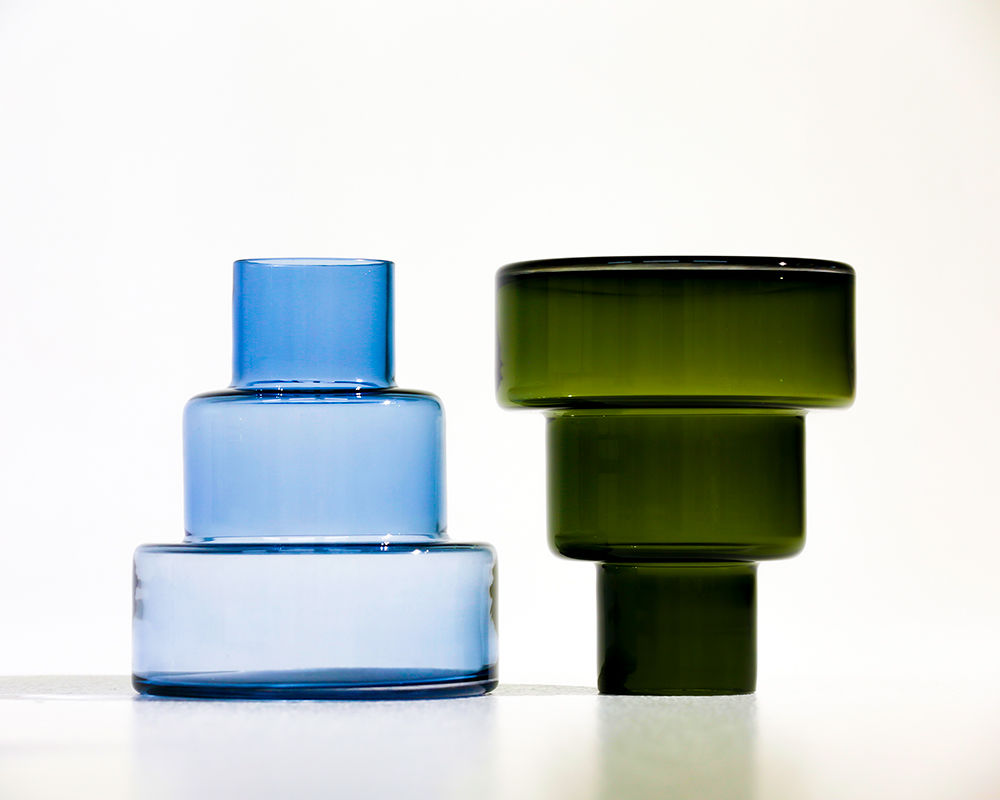 Blue and smoke grey glass vases