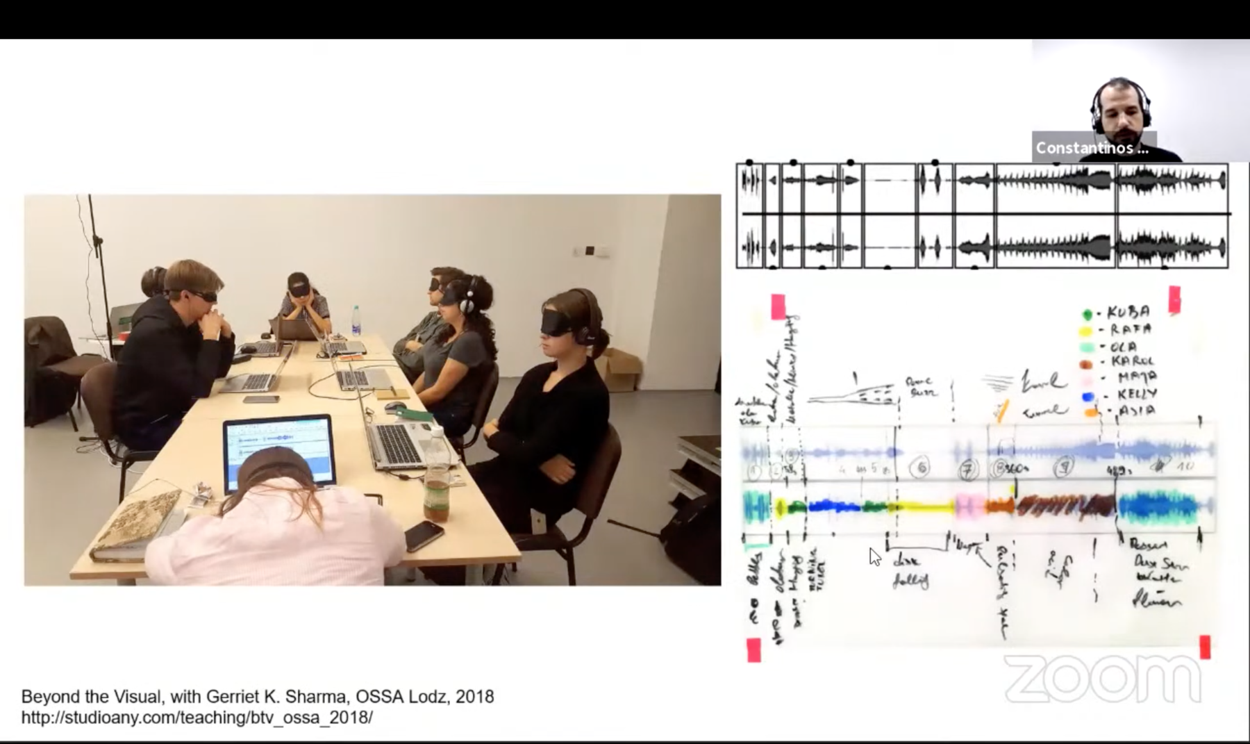Screenshot of Constantinos Miltiadis's talk, Spacing. We can see a photograph of people sitting at a table with eye-masks on, next to the photograph is a sound wave bar and some hand-drawn notations 